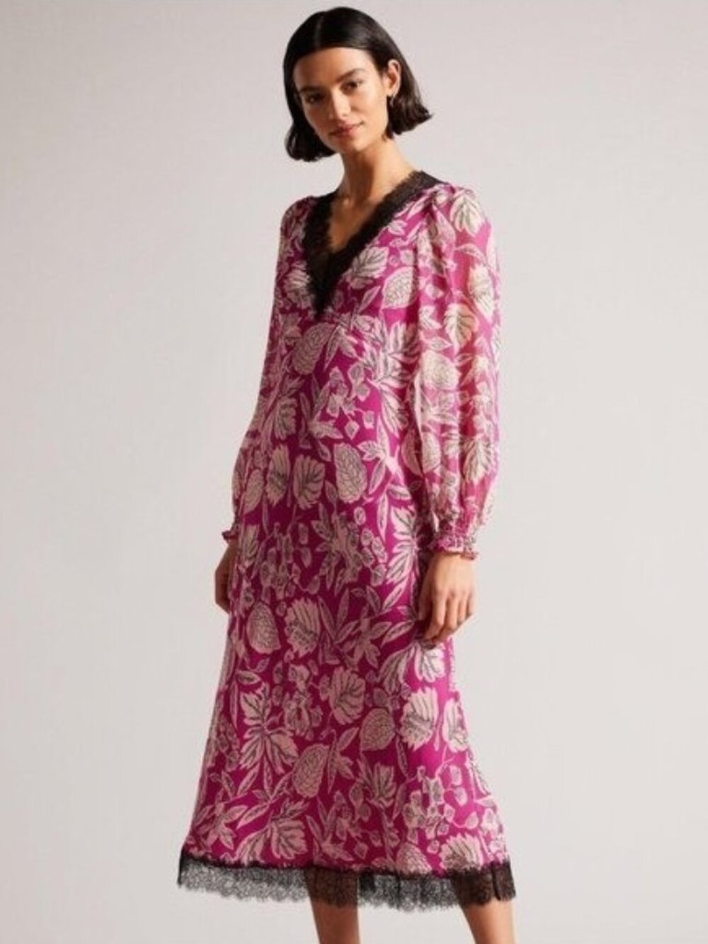 Ted Baker Izobele Lace Trim Long Sleeve Empire Waist Midi Dress Pink Size 8